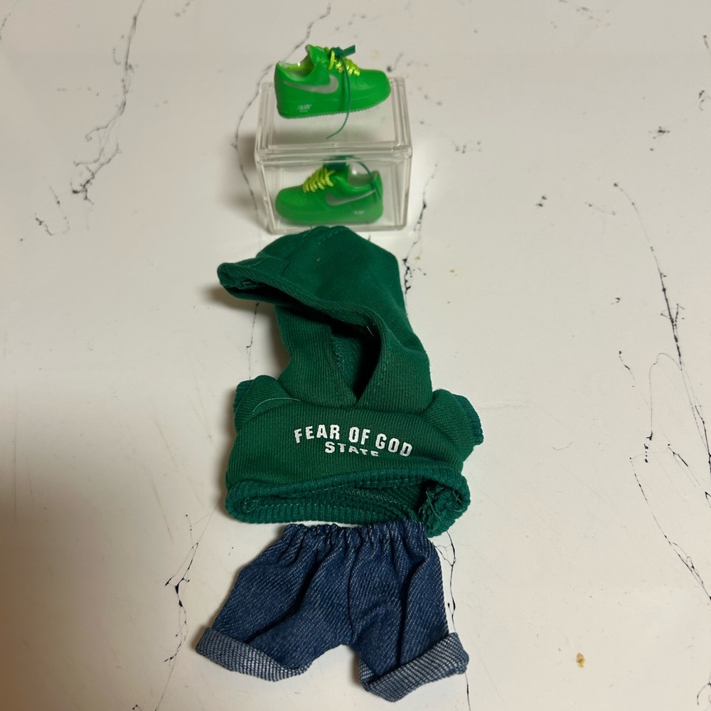 Labubu outfit green Hoodie and Denim Shorts with Green Sneakers